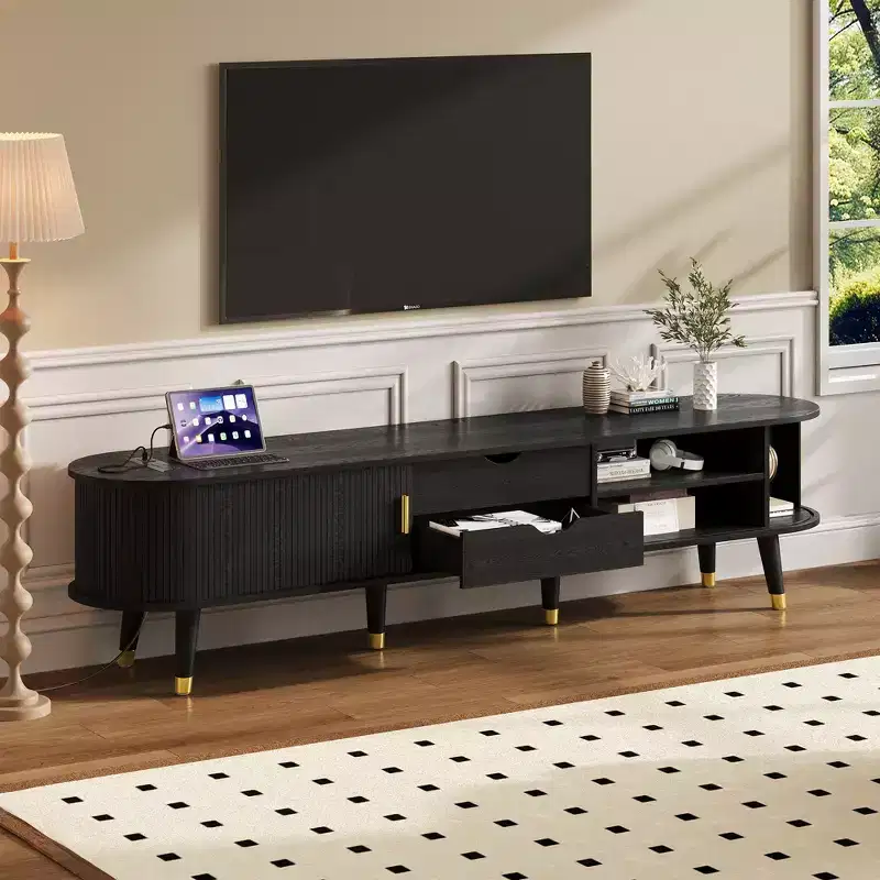 ModernLuxe TV Stand&Coffee Table Set with Charging Station, Oval Media Console with Sliding Door for TVs up to 80, Mid-Century Farmhouse Center Table