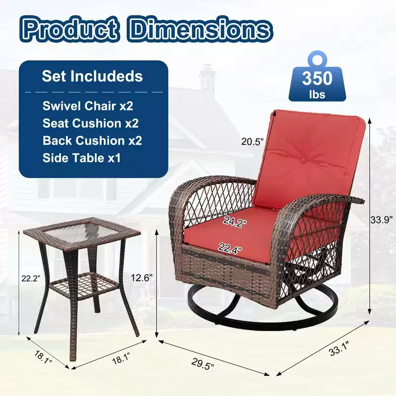 COZONY Patio Swivel Chairs w/ Table, PE Wicker Outdoor Conversation Set w/ 360 Swivel & Cushions