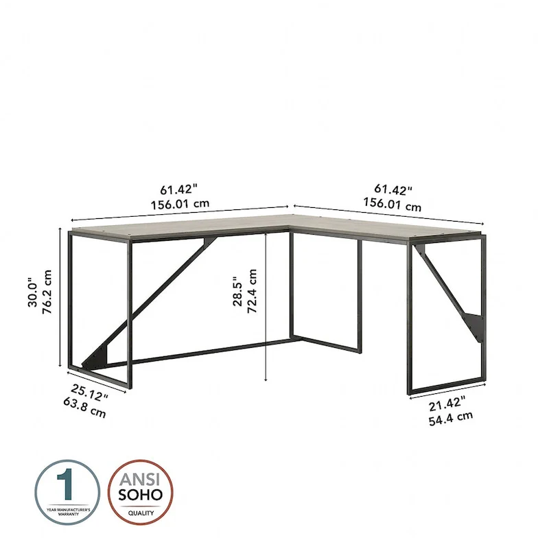 Rustic Gray L Shaped Industrial Desk with Steel Frame for Adults