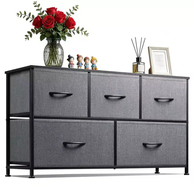 Acekool Bedroom 39.4in Wide 5 Drawer Fabric Dresser, Metal Frame Storage Organizer Unit for Closet Living Room Hallway