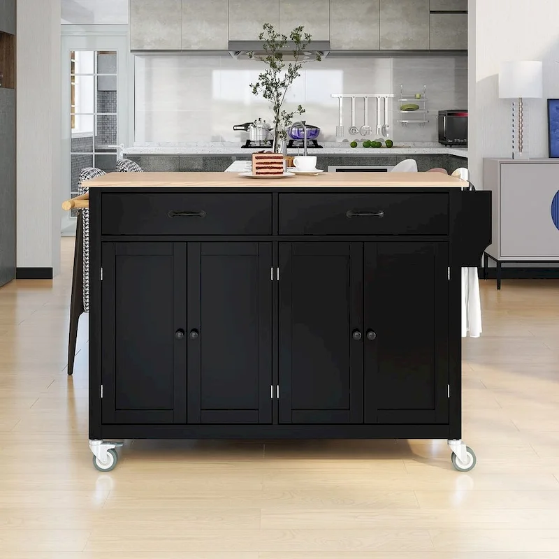 Kitchen Island Cart with Solid Wood Top, Locking Wheels, Spice & Towel Rack