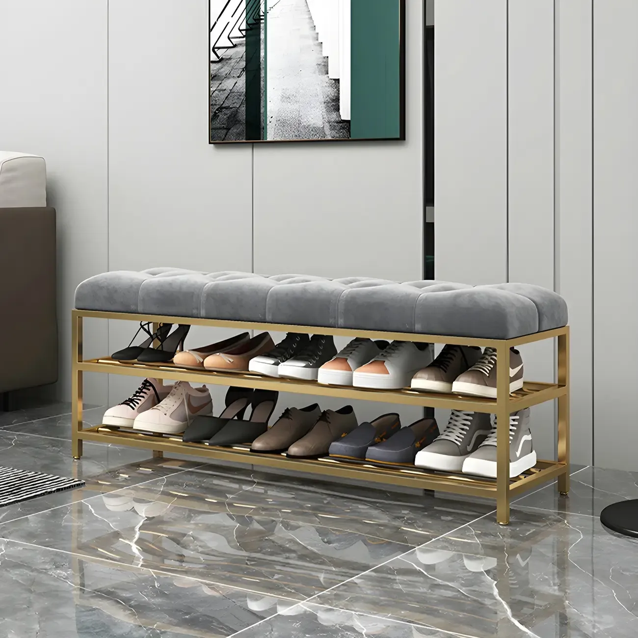 Gray Upholstered Shoe Rack with Gold Frame for Entryway