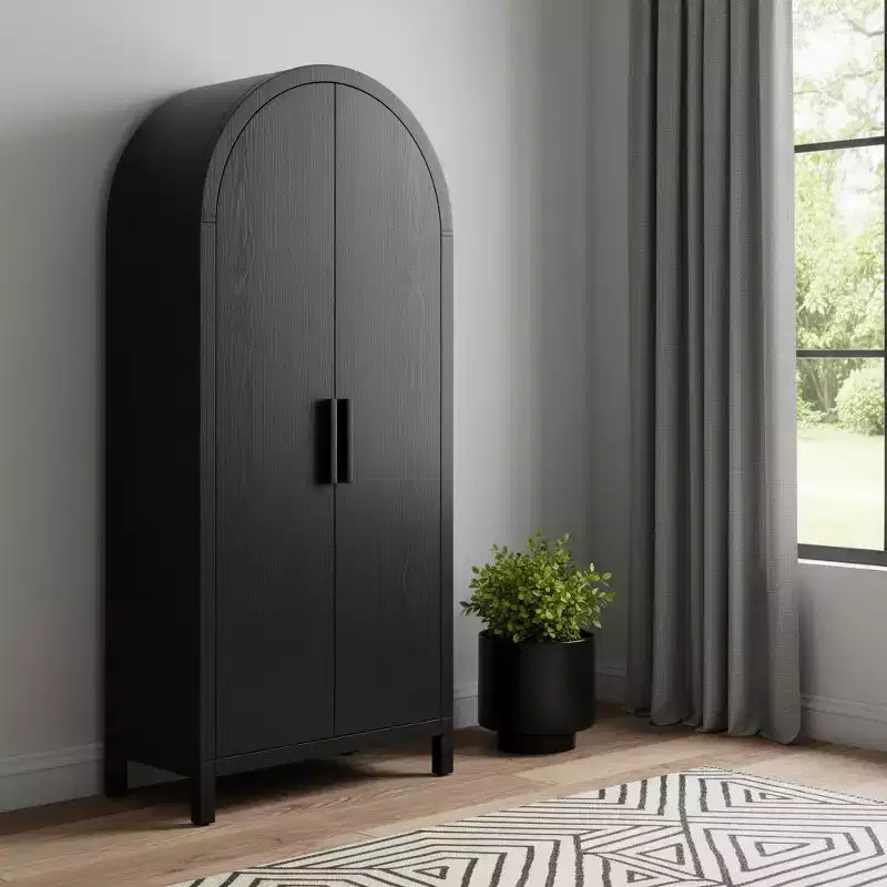 HomeRoots 30 Black Wood Oval Accent Cabinet With Two Doors