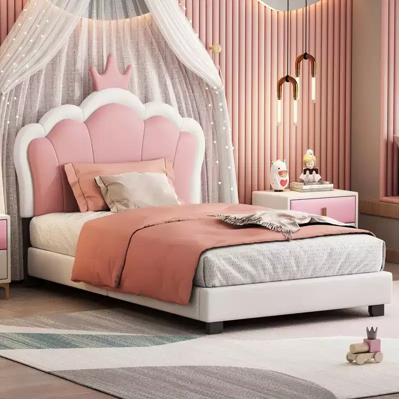 Twin Upholstered Princess Bed with Crown Headboard, Platform Bed with Headboard and Footboard, Cream and Pink