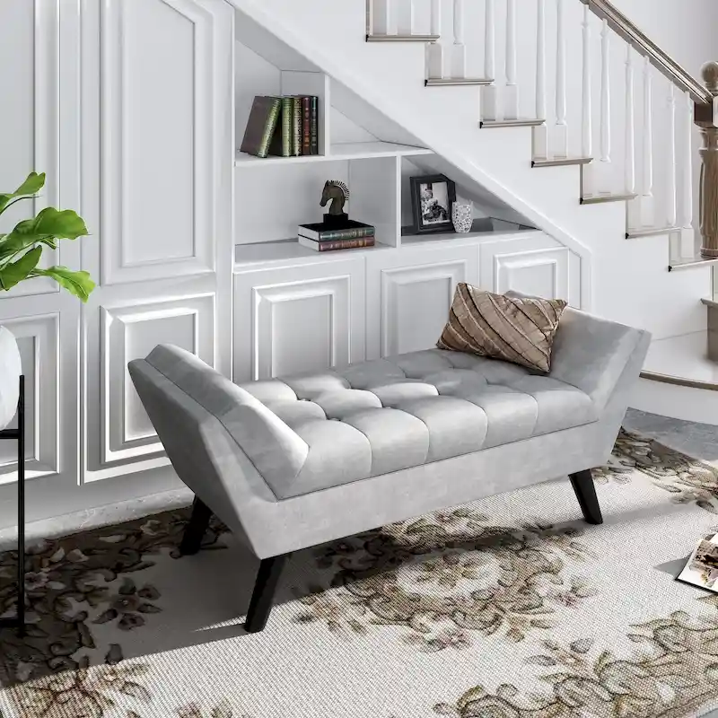 End of Bed Bench - Modern Fabric Footstool with Wooden Legs