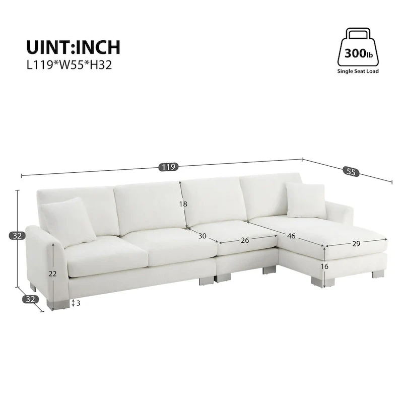 Chenille L-Shaped Sectional Sofa with Chaise - 4-5 Seat