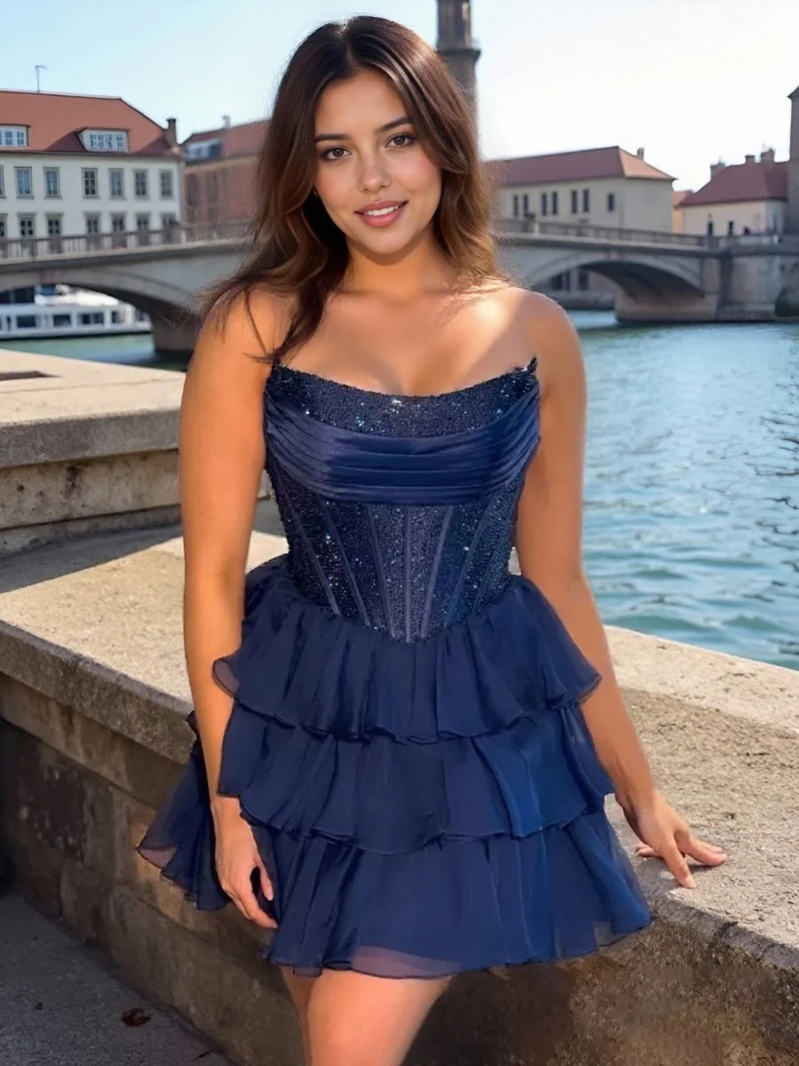 Navy Blue - Strapless A Line Chiffon Beaded Homecoming Dress With Ruffles