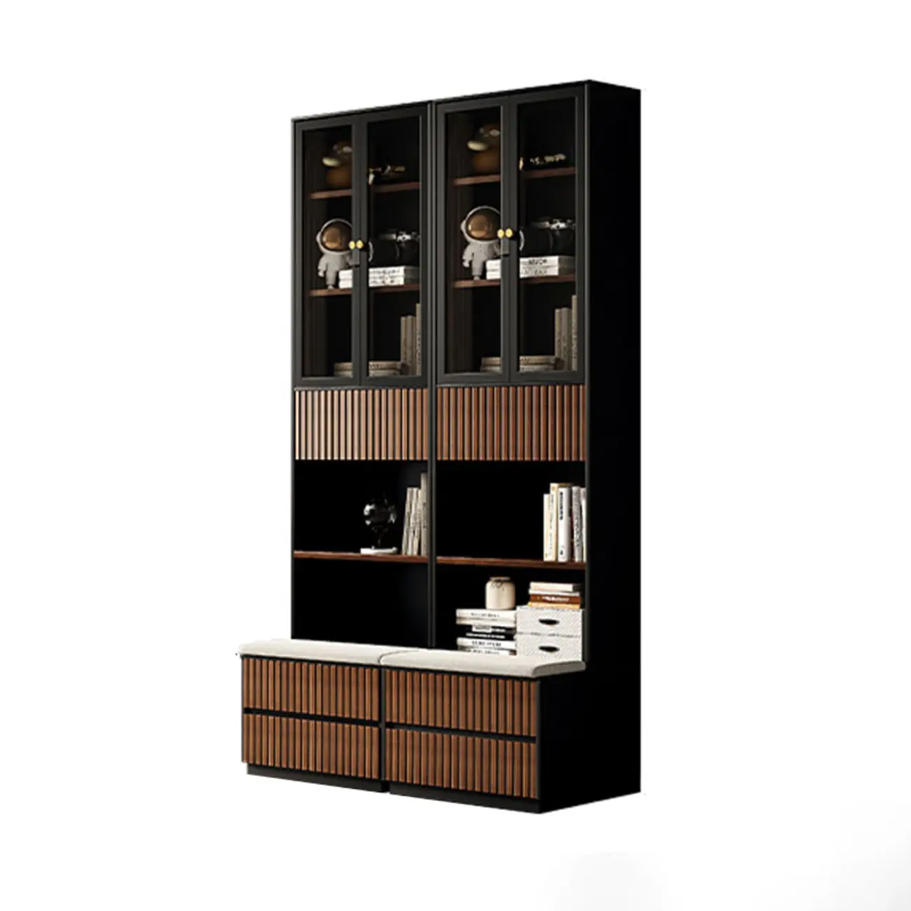 Tall French Country Display Wooden Bookcase with Cushioned Bench