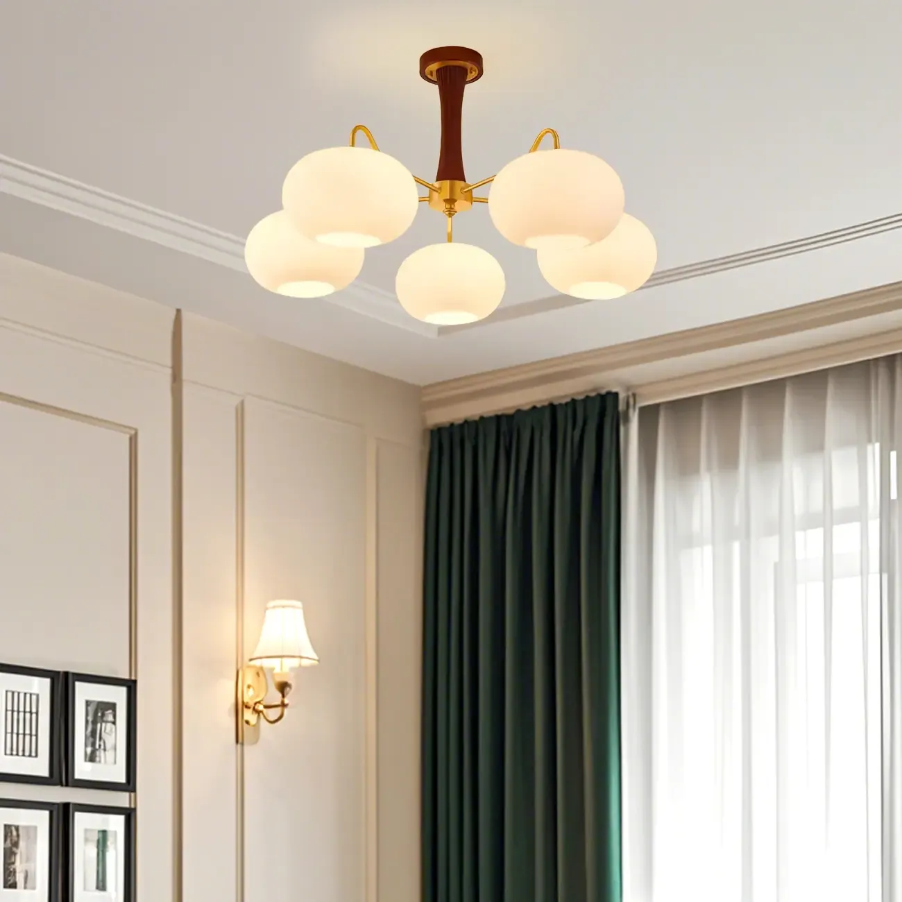Classic Large Glass Drum Walnut Wood Semi Flush Ceiling Light