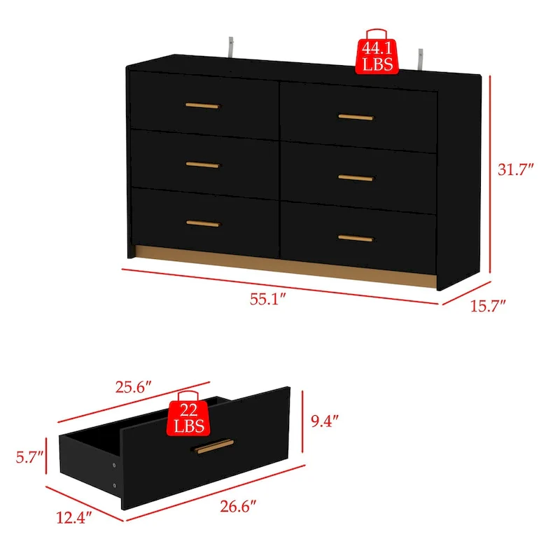 55.1 Modern 6-Drawer Bedroom Dresser Glossy Finish Chest Of Drawers