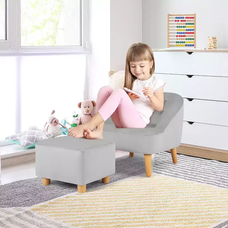 Costway Kids Sofa Chair w/ Ottoman Toddler Single Sofa Velvet Upholstered Couch Grey\Pink