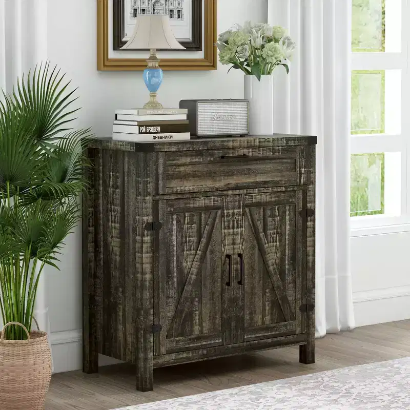 HOMCOM Sideboard Buffet Cabinet with Storage Drawer, Modern Farmhouse Kitchen Cabinet with 2 Barn Doors, Coffee Bar Cabinet