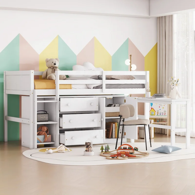 White Twin Low Loft Bed with Pull-Out Desk, Cabinet, 3 Drawers & 2 Shelves