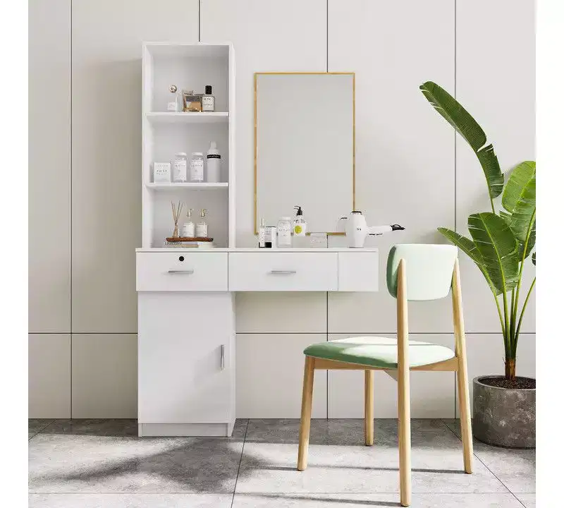 Okak Vanity Table with Lights, Modern Sleek Vanity Desk with Multi-Tier Storage System & Built-In Mirror, Bedroom Makeup Set for Space, White
