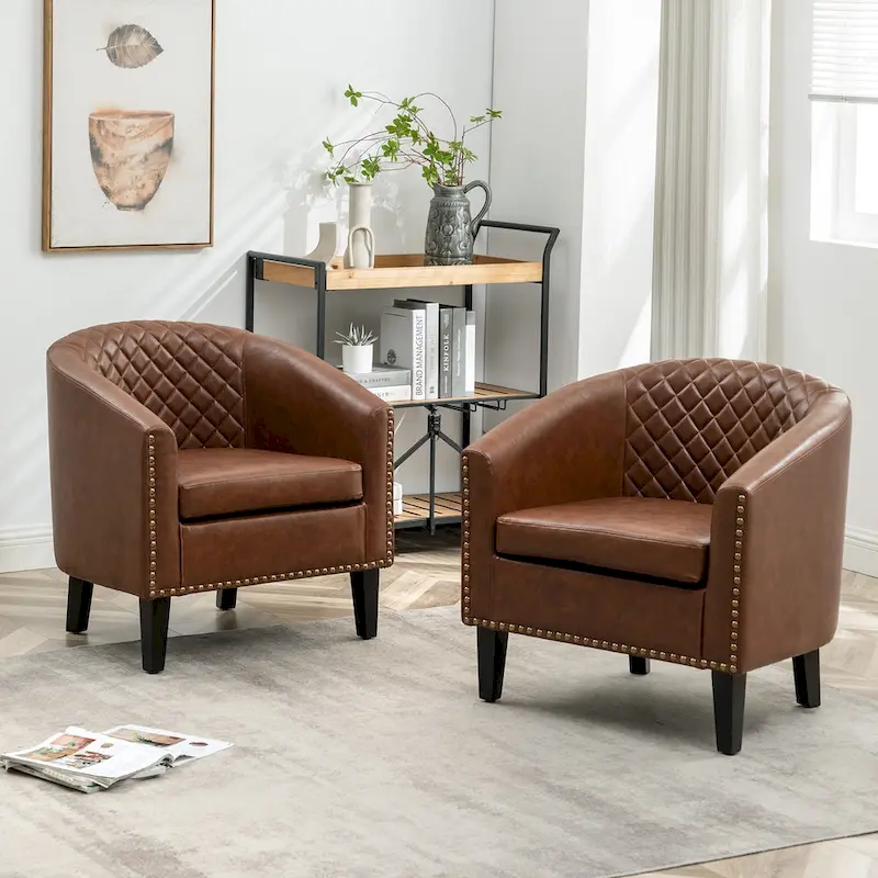 KINWELL 29  PU Faux Leather Club Armchair with Nailheads, Set of 2