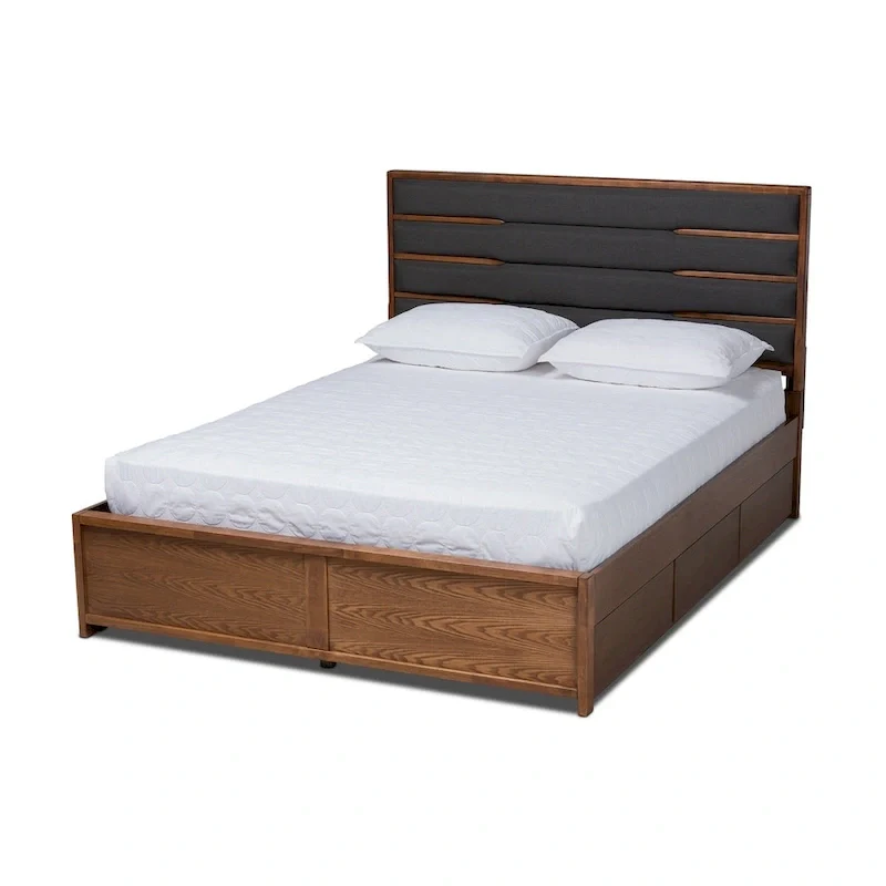Dark Grey & Walnut Modern Platform Storage Bed with Upholstered Headboard & 6 Drawers, Queen / King, 2-Person