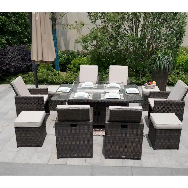 Luxury Style Dark Brown Wicker 11-Piece Outdoor Gas Fire Pit Dining Set