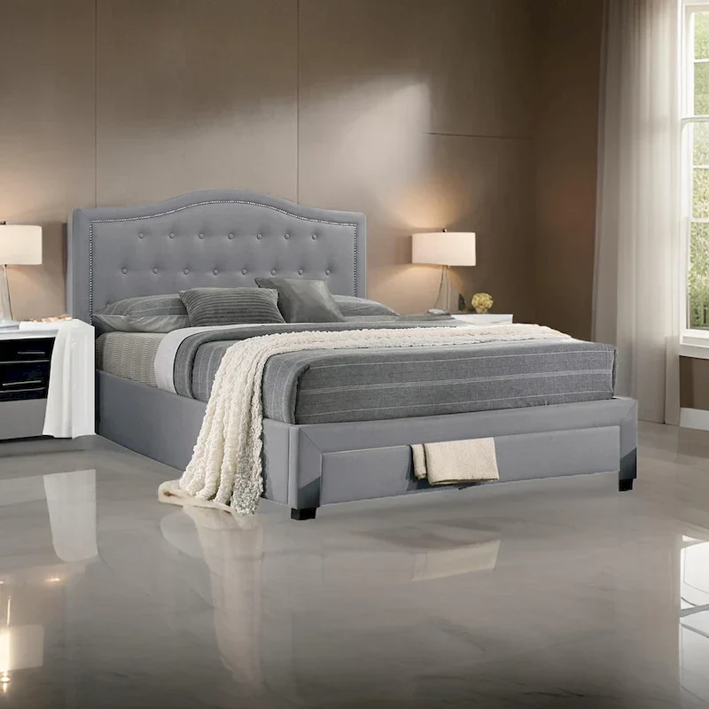 Sey California King Bed w Storage Drawer, Light Gray Burlap Upholstery