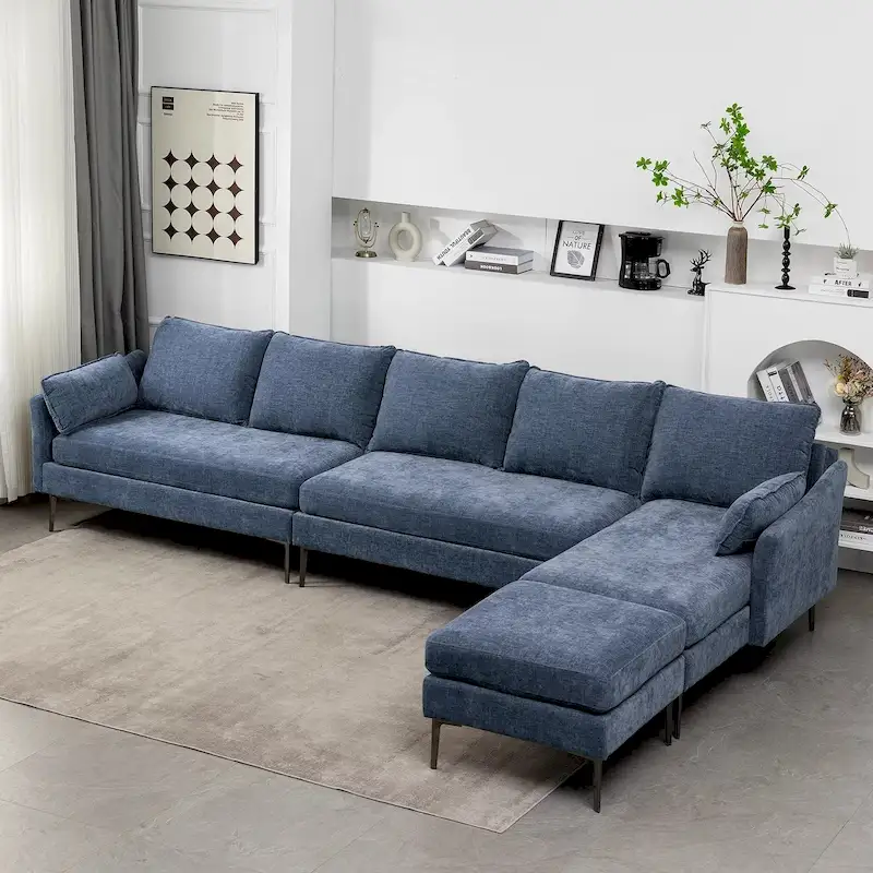U-Shaped 6-Seat Sectional Sofa, Reversible Sleeper in Modern Chenille Design, with Chaise Lounge and Ottoman