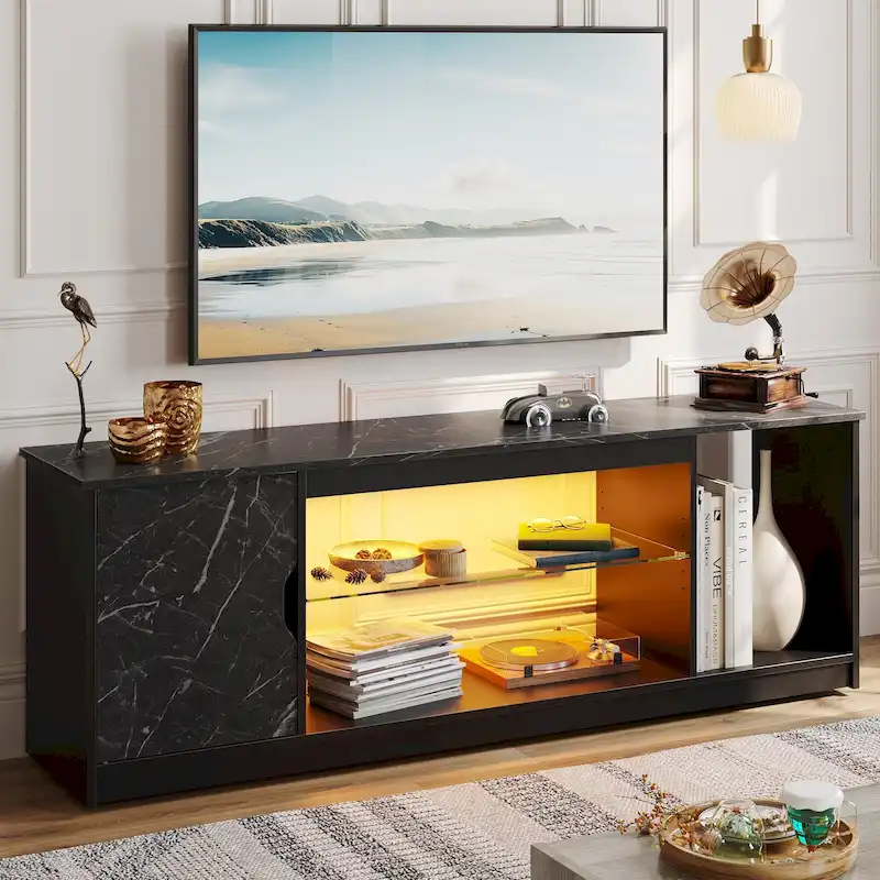 58-Inch TV Stand, Fits TVs up to 65 in, RGB Light Strip, Adjustable Tempered Glass Shelf, Enclosed Cabinet, Vertical Storage, Black Marble / White Wash, 1-Person Use