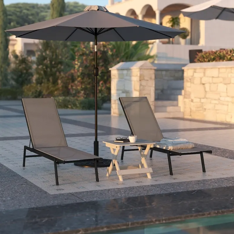 Set of 2 All-Weather Textilene Adjustable Chaise Lounge Chairs with Arms