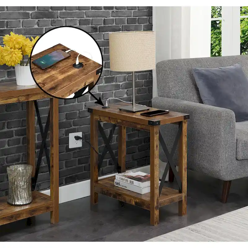 Chairside End Table, 2 USB Charging Ports, Bottom Shelf, Particleboard & Metal Frame, Barnwood / English Oak with Black, 1-Person Use