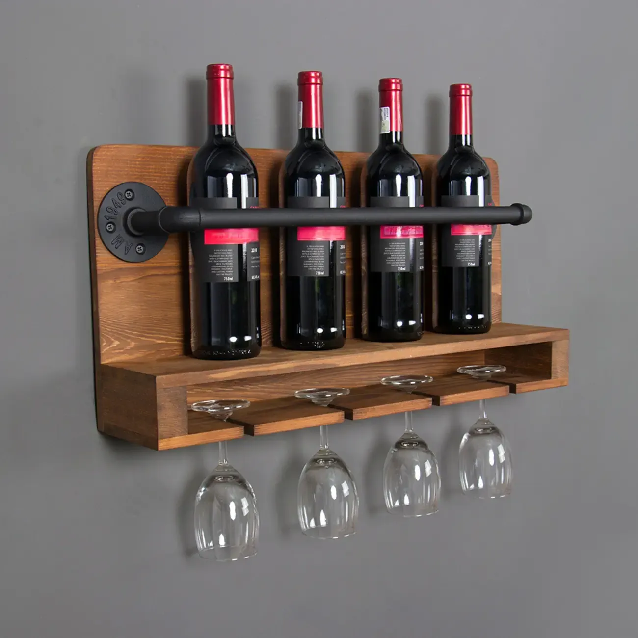 Modish Wooden Floating Mount Wall-fixed Wine Bottle and Glass Rack