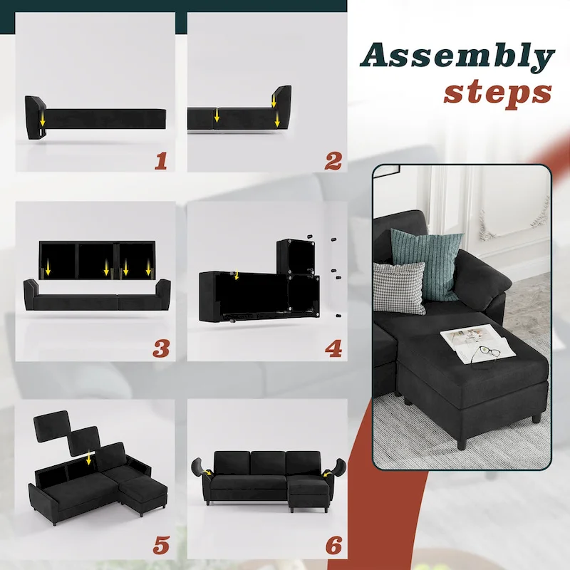 Futzca Sectional Sofa Couch, 3 Seat L Shaped Sofa with Removable Pillows
