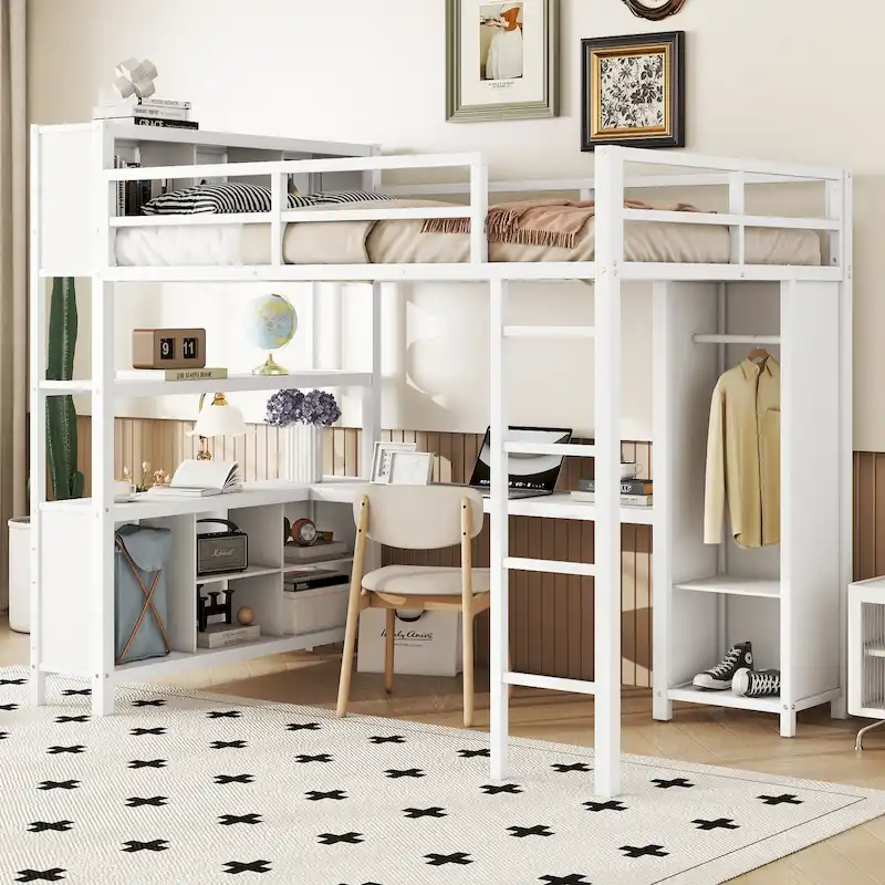 Off White Full Size Metal Loft Bed with Wardrobe And L-shaped Desk, Storage Cubes and Shelves for Kids, Teens, Adults