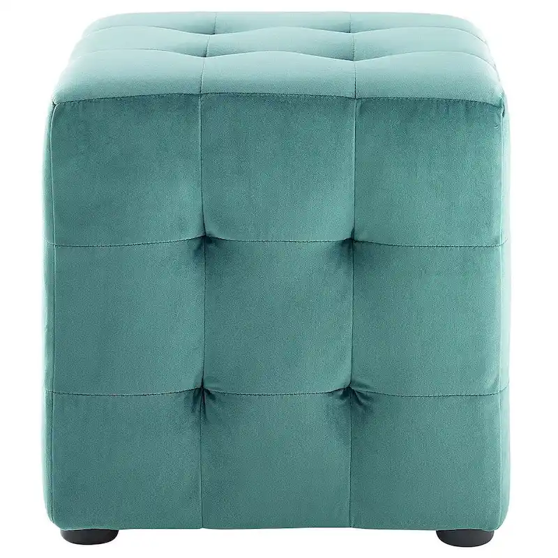 Teal Velvet Upholstered Tufted Cube Ottoman Living Room Accent