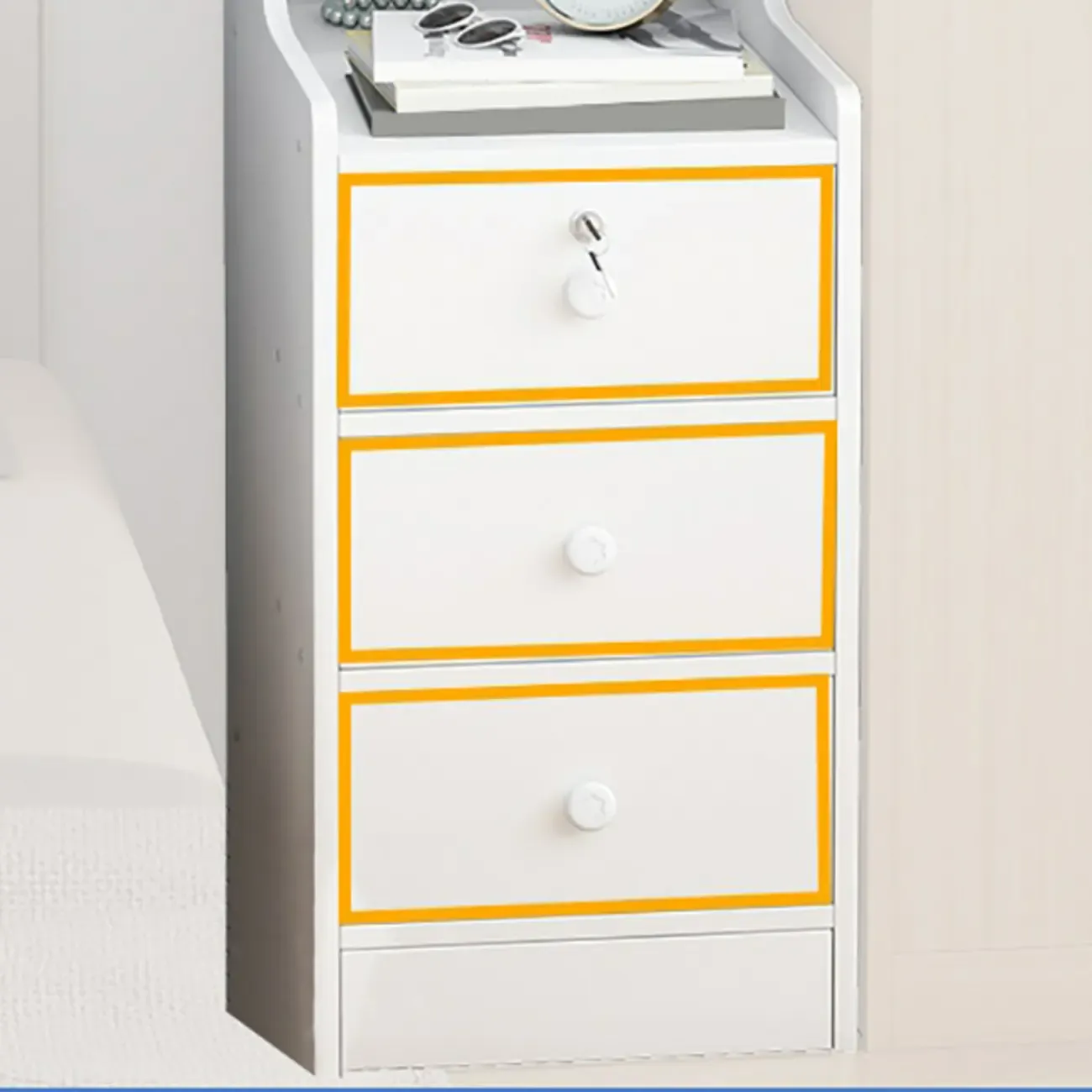 Narrow White Wood Nightstand with Drawers & Shelf