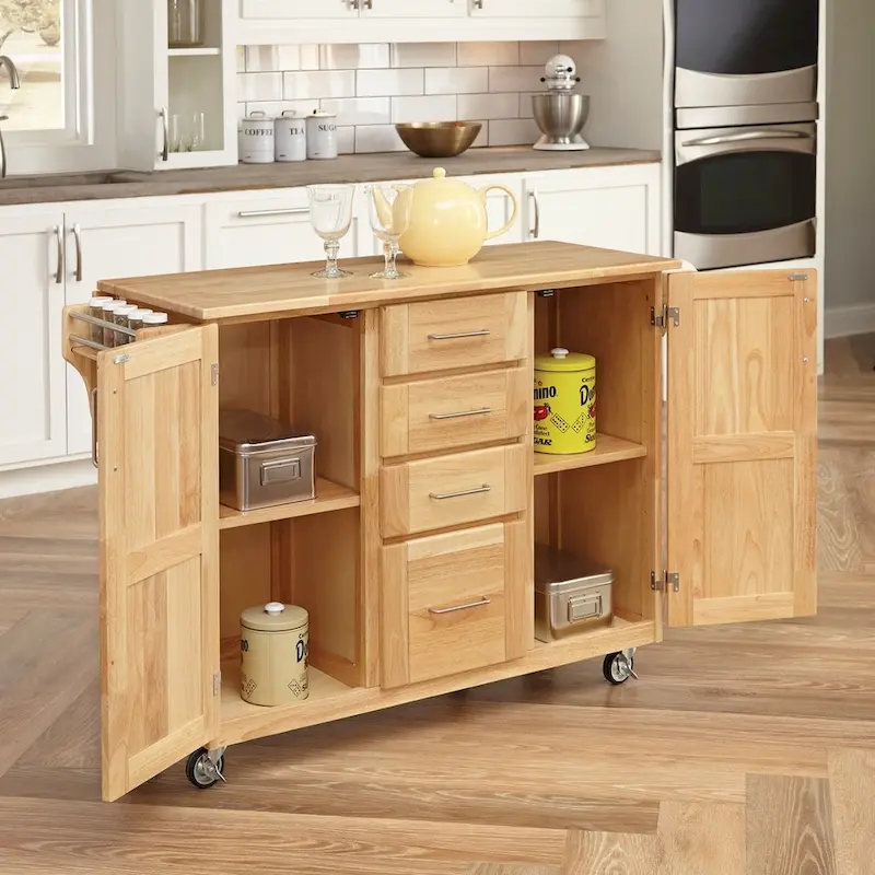 Kitchen Cart with Breakfast Bar - Drop Leaf Storage Island on Wheels (Natural Wood)