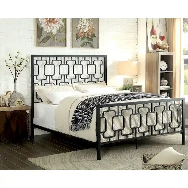Metal Geometric Panel Bed, Black/White, Cal King/King, 2-Person
