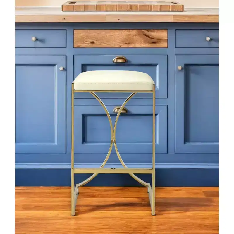 24 Off White and Gold Faux Leather and Iron Backless Counter Height Bar Chair