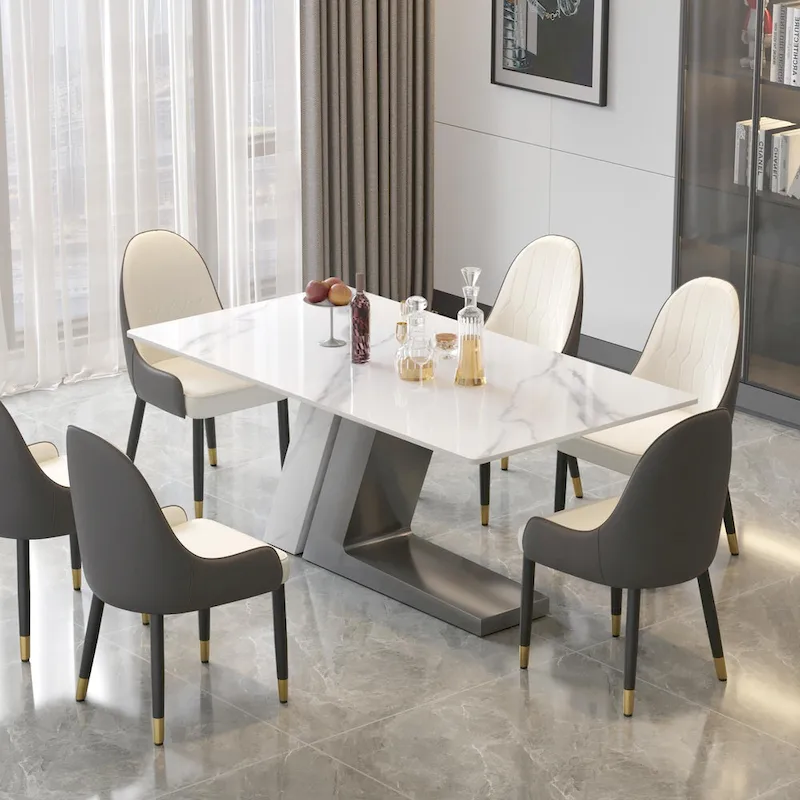 Modern Slate Kitchen Dining Table with White Rectangle Sintered Stone Top and Metal Legs -- 63/71/79