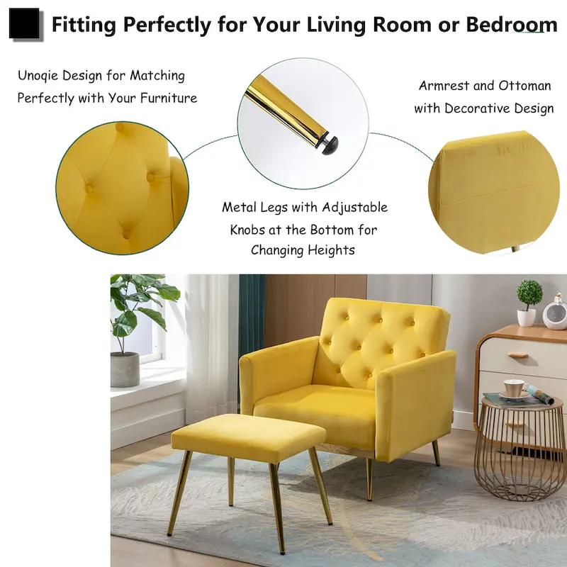 Velvet Tufted Convertible Armchair with Adjustable Backrest & Ottoman – Single