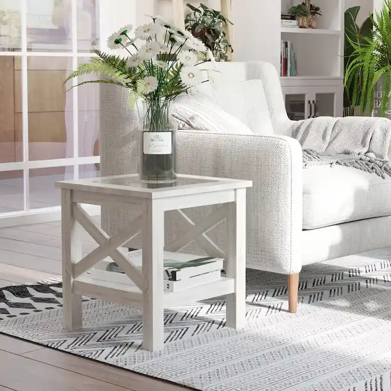 HOMCOM Traditional End Table with Wood Frame, Tempered Glass Tabletop and Underneath Storage Shelf, White Oak