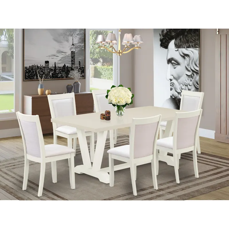 Dining Table Set- a Wooden Table and Cream Linen Fabric Parsons Chairs, Linen White(Pieces Options)