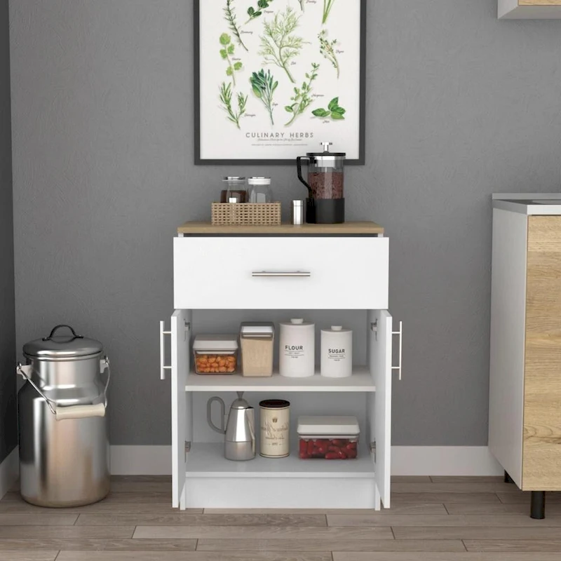 Pantry Organizer Cabinet 33 H, One Drawer, Two Interior Shelves, Two Doors, Sideboard White/Light Oak