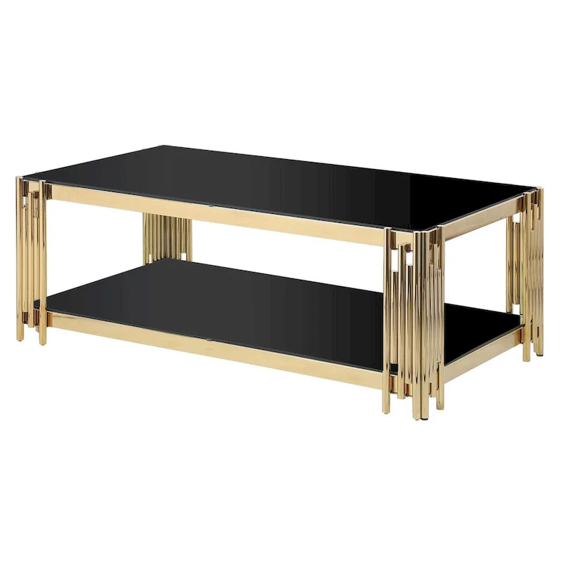 48  Wide Rectangular Coffee Table with Glass Top, Stainless Steel Double-Layer Coffee Table