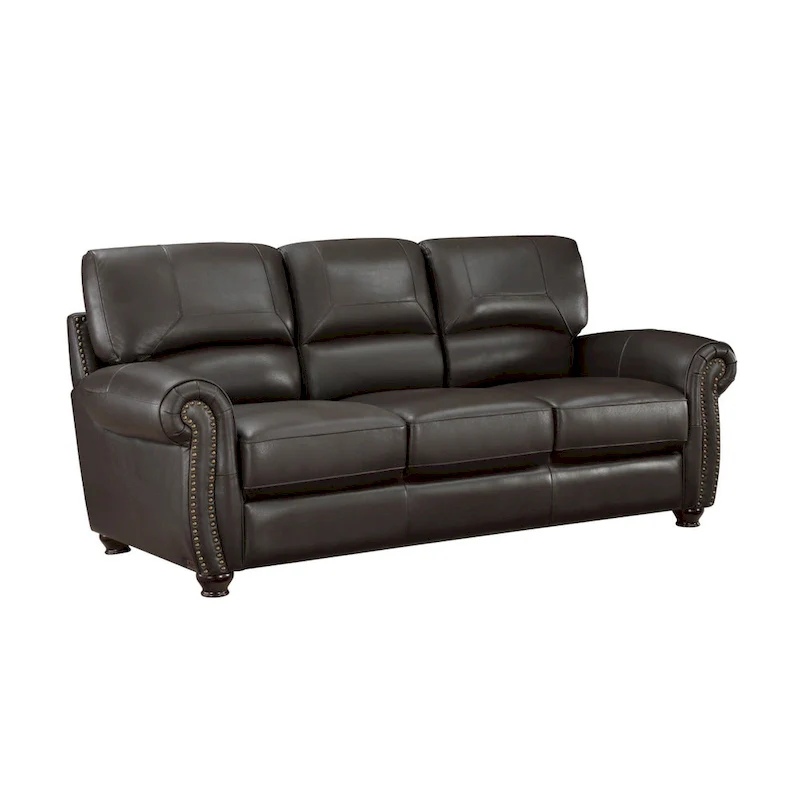 Brown Espresso Top-Grain Leather 84 in Sofa with Nailhead Trim and Rolled Arms – 3 Person