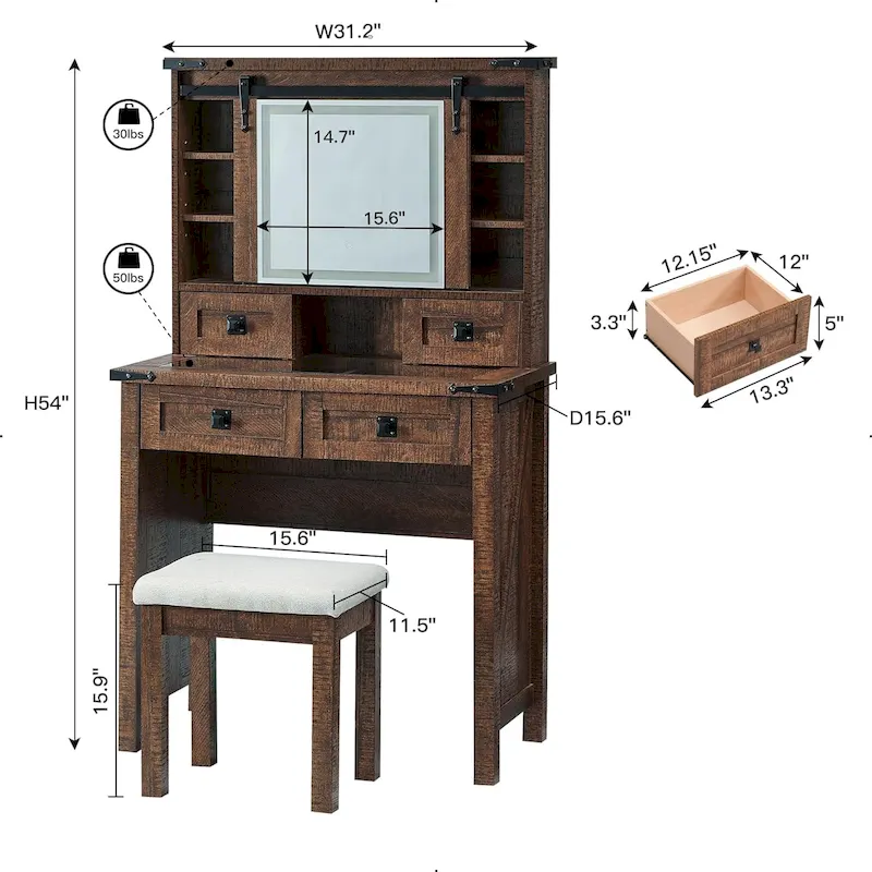 Farmhouse Makeup Vanity Desk, Vanity Dressing Table, Stool Included