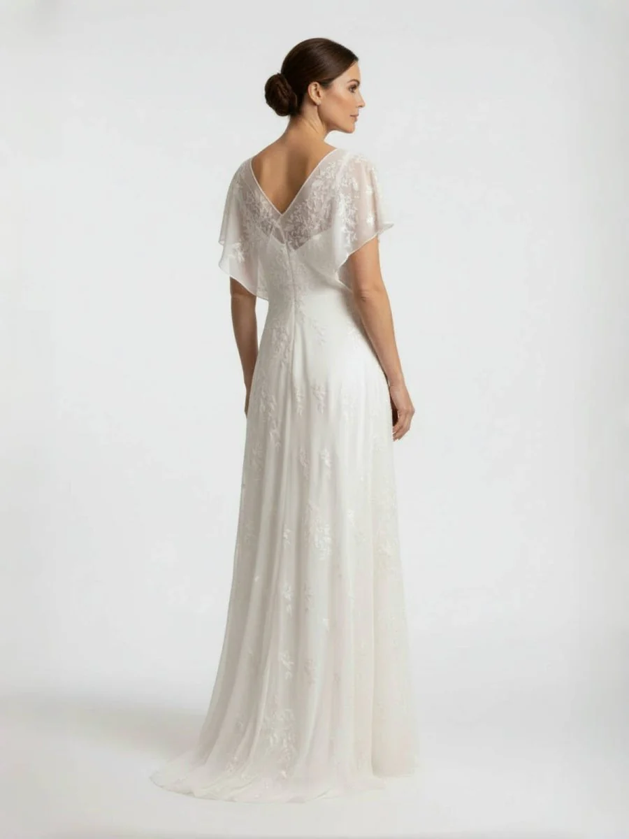 Vintage Graceful Floral V-neck V-back Side Button Decorated Lace Wedding Dress With Butterfly Sleeves