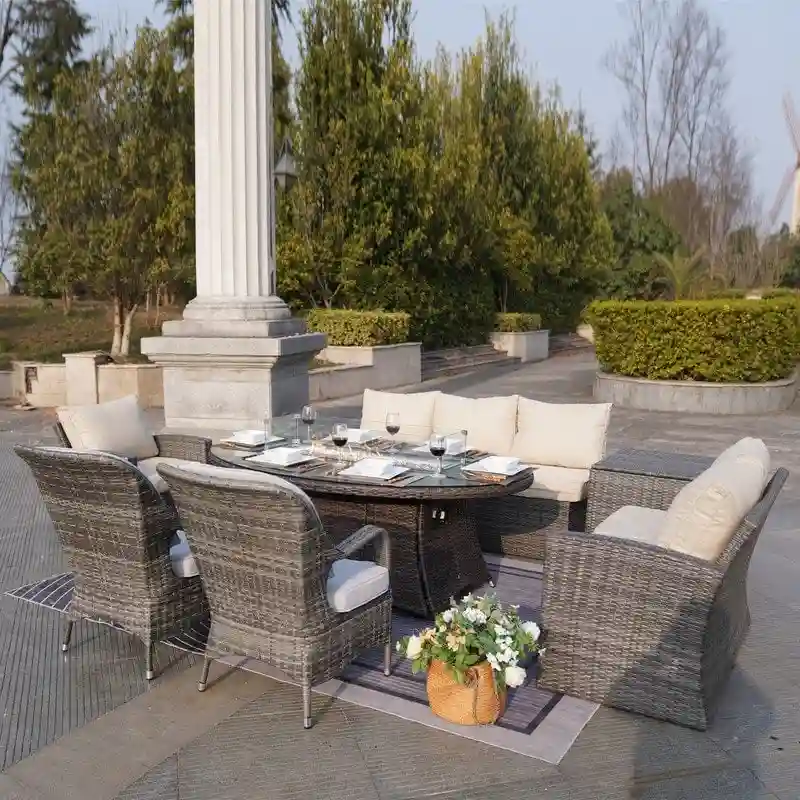 7-Piece Patio Mixed Brown and Grey Sofa Set with Fire Pit Table