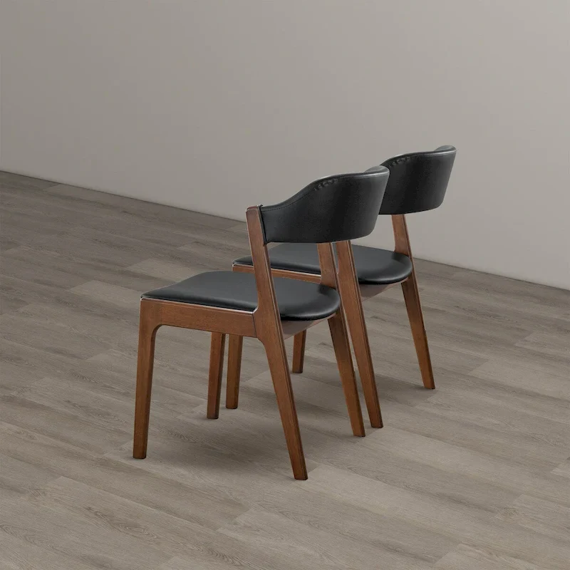 Mid-Century Modern Vegan Leather Dining Chairs with Walnut Base – Black / Medium Brown