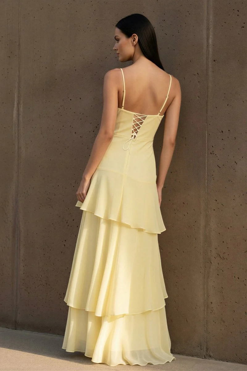 Yellow Spaghetti Straps Chiffon Sheath Long Formal Prom Dresses With Ruffles