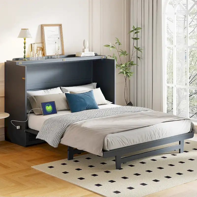 Queen Size Murphy Bed with Large Drawer,USB Ports and Outlets