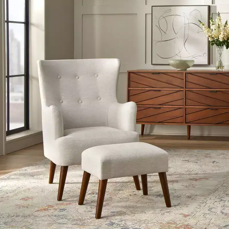 angelo:HOME Jane Traditional Upholstered Accent Chair and Ottoman Linen
