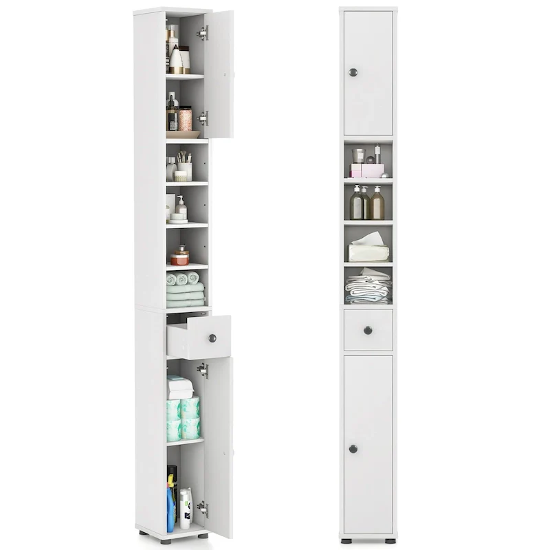 White Painted Tall Slim Storage Cabinet with Drawer, Single
