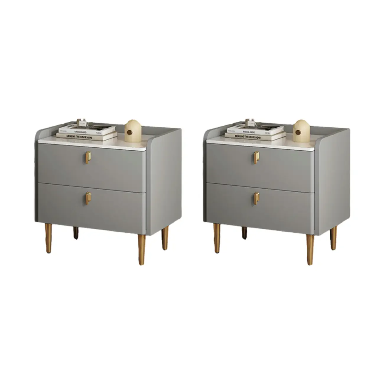 Modern Leather Stone Top Gold Accents 2-Drawer Nightstand